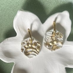 Handcrafted Porcelain Earrings – White Textured Hexagon