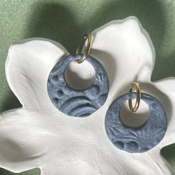 Handcrafted Porcelain Earrings – Denim Blue Textured Circle