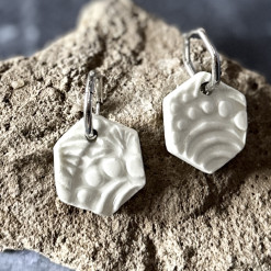 Handcrafted Porcelain Earrings – White Textured Hexagon