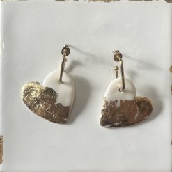 Porcelain Heart Drop Earrings- Metallic Leaf